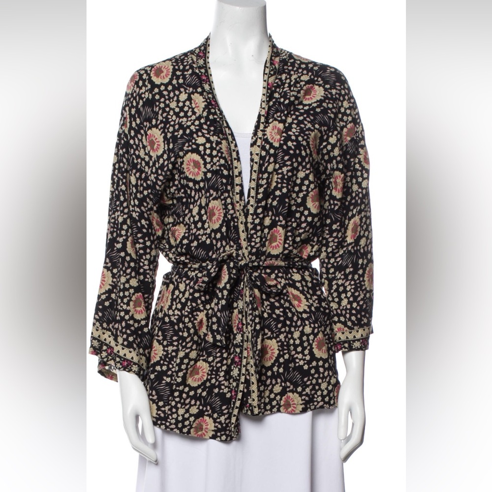 NATALIE MARTIN Black Saylor Floral Short Robe BOHO Kimono with Belt Tie S RARE!
